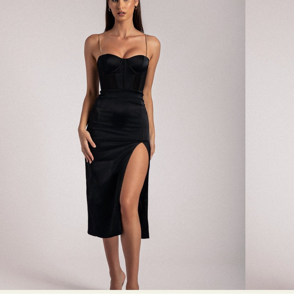TALISA Meshki Chain Strap Side Split Corset Midi Dress Black